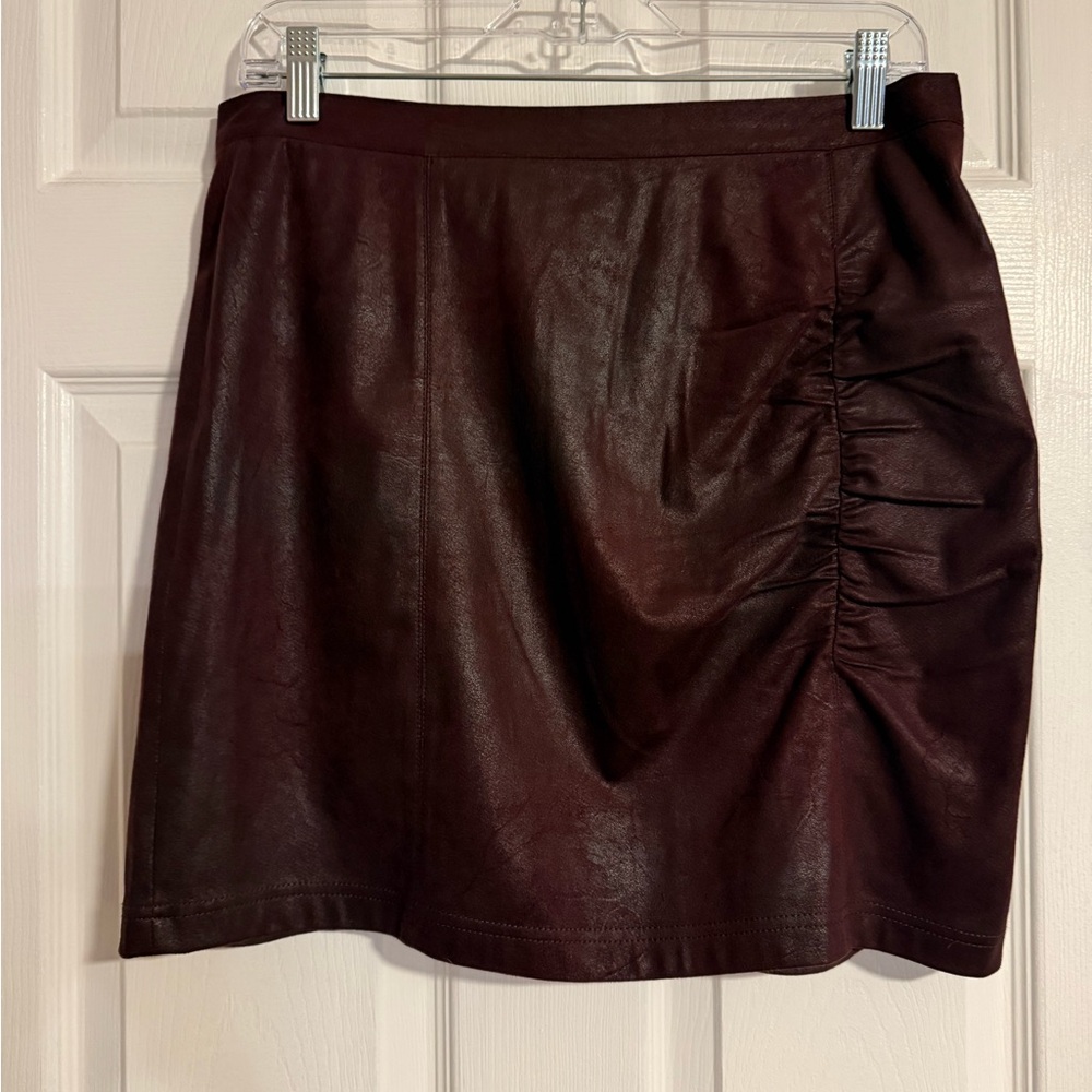 Free People Faux Leather Ruched Mini Skirt in Deep Burgundy